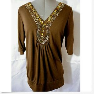 New PRIMETIME Beaded Top 3X Brown Gold tunic t-shirt